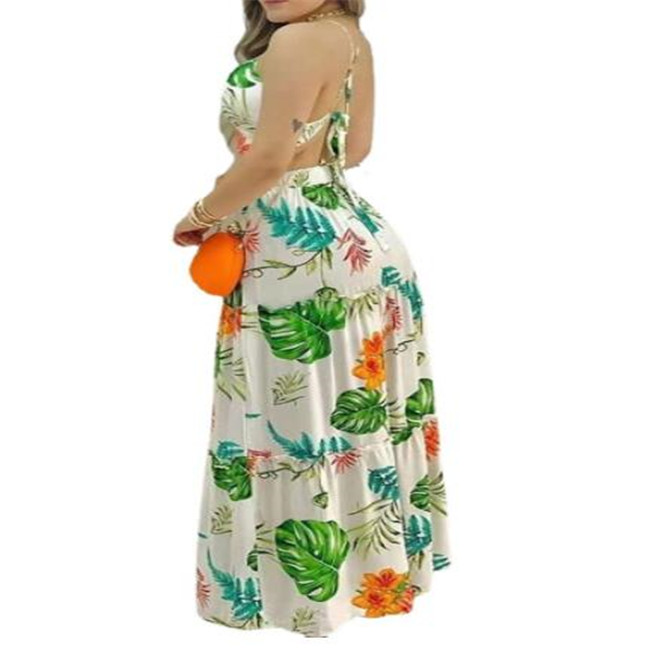 Summer Colorful Printed Two Piece Dress Suspender Top & Long Skirt Beach Holiday Style V-Neck Lace Up Women 2 Peice Sets