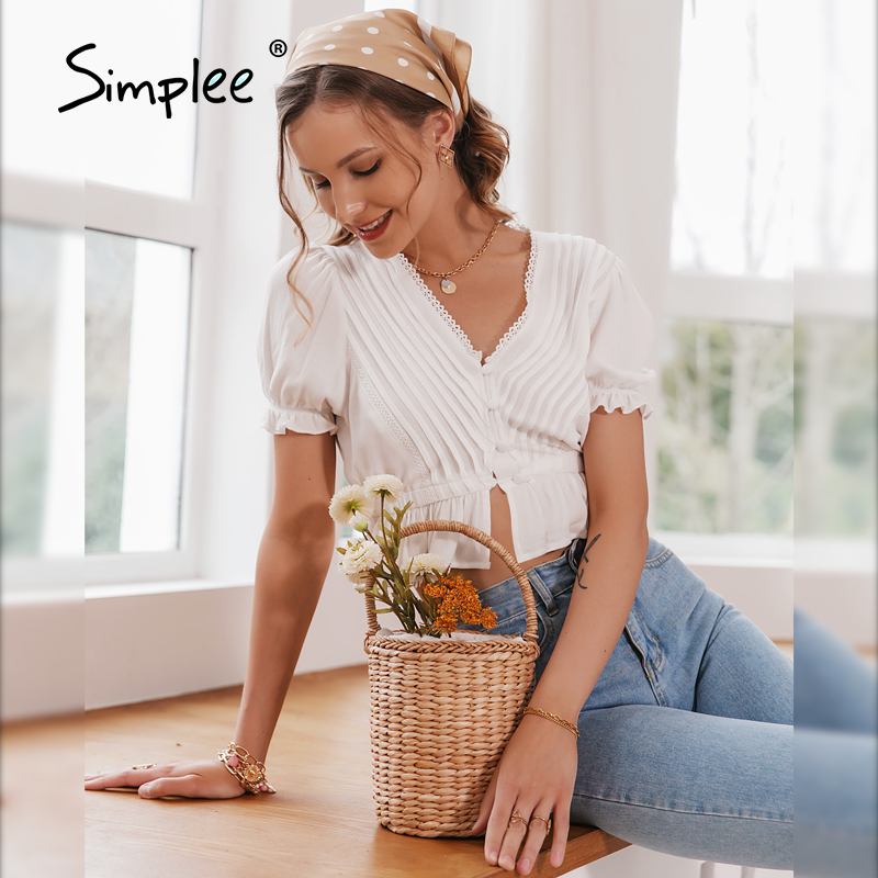 Sexy Deep Vneck Puff Sleeve Button Blouse Casual Summer Women Short Tops Fashion Elegant White Ruffled Female Tees 220527