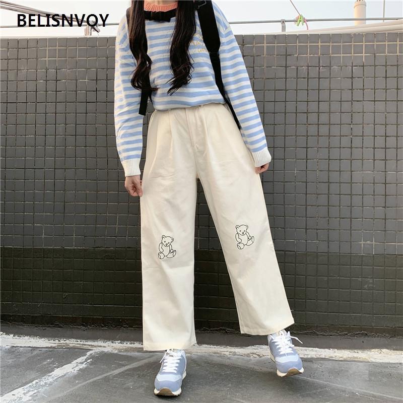 Japanese Kawaii Harajuku Teen Girls Loose Bear Embroidery Wild Leg Baggy Pants Casual Female Sweet Cute Sweatpants Trousers 220325