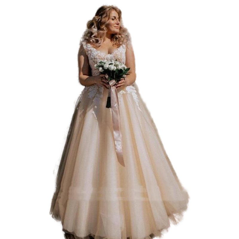 Elegant Light Champagne ALine Country Wedding Dress Sleeveless V-Neck Bridal Gowns Plus Size Straps Boho Beach Bride Dresses Floor Length Robe De Mari