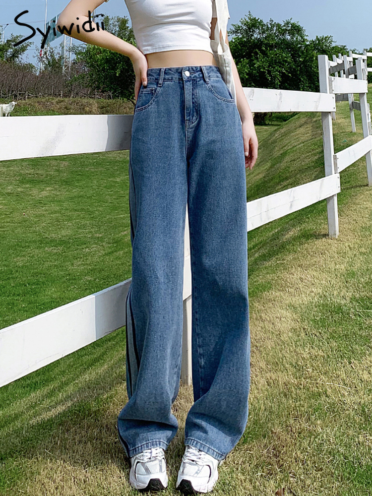 Syiwidii Side Stripe Jeans for Women High Waisted Y2k Fashion Vintage Streetwear Hit Color Blue Denim Cargo Pants Female 220815