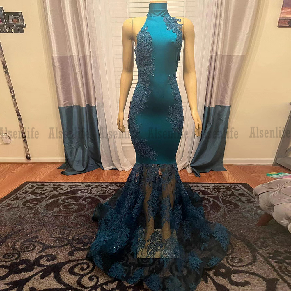 Luxury Appliques Mermaid Black Girl Prom Dress 2022 Halter Neck Sleeveles Evening Dresses Party Gowns Robe De Soiree Femme