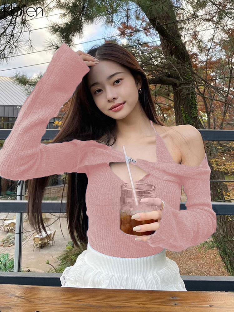KLALIEN Fashion Elegant Women T-Shirts Solid Knit Slim Stretch Halter Flare Sleeve Two Piece Top Female Streetwear Sweet Cute 220328