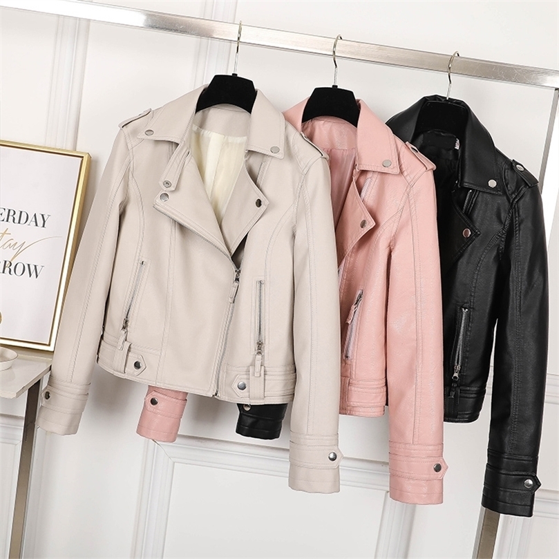 Sungtin Women Faux Leather Jacket Beige Casual Slim Motorcycle Biker Leather Coat Female Punk Streetwear Spring Autumn Jackets 201214
Sungtin Women Faux Leather Jacket Beige Casual Slim Motorcycle Biker Leather Coat Female Punk Streetwear Spring Autumn Jackets 201214