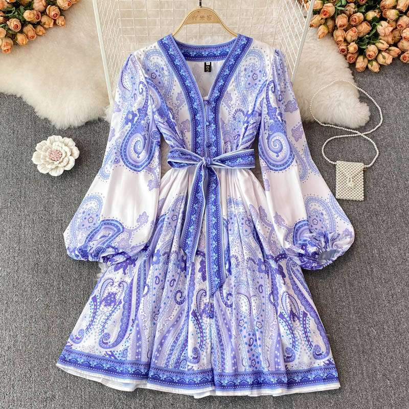 High-end Light Luxury Niche Mid-length Temperament Women Casual Dresses Waist Slimming Positioning Printing Lantern Sleeve V-neck Dress Spring 2022