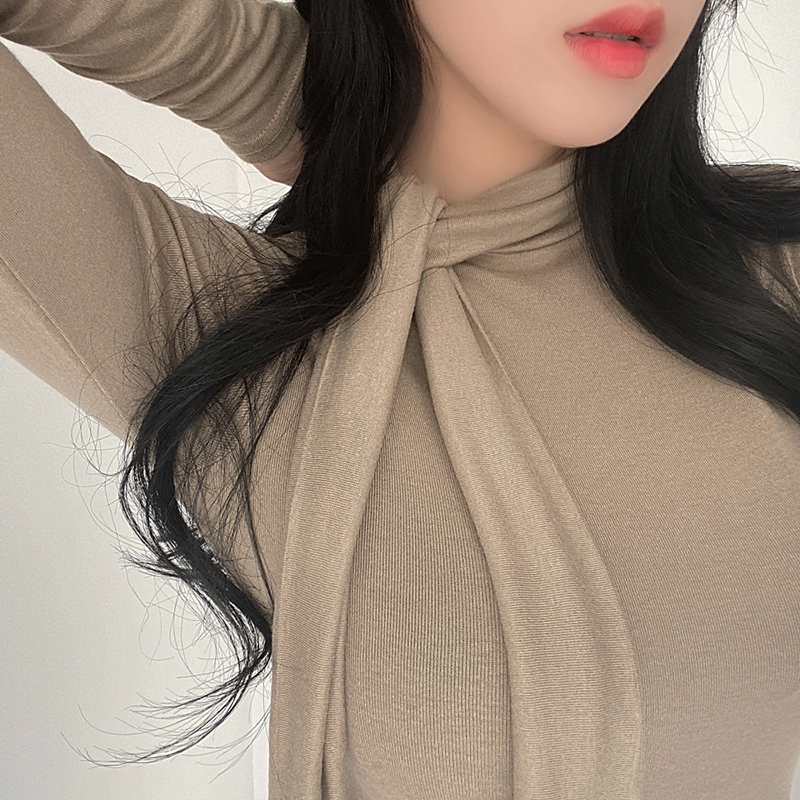 Korean Fashion Scraf Neck Tshirts Women Long Sleeve Sexy Slim Elasticity Cotton Soild Basic T-shirt Woman Tee Shirt Femme Tops 220321