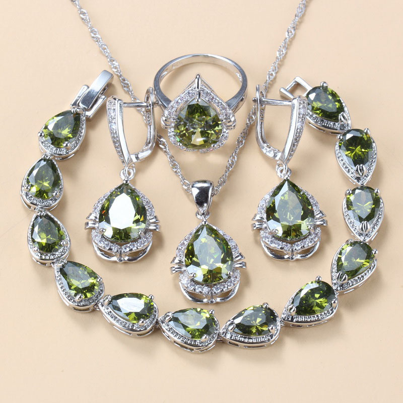 925 Mark Fashion Water Drop Jewelry Sets Women Accessories Olive Green Stone Bridal Necklace Sets Earrings Bracelet And Ring 220718
925 Mark Fashion Water Drop Jewelry Sets Women Accessories Olive Green Stone Bridal Necklace Sets Earrings Bracelet And Ring 220718