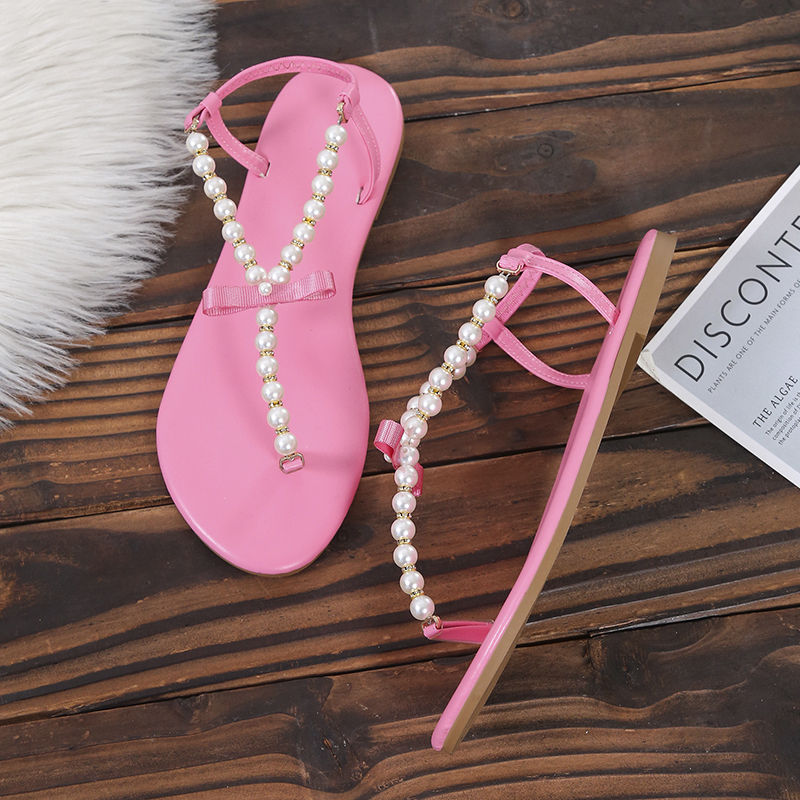 Summer Women Sandals Flat Clip-toe Pearl String Sandals Plus Size Women Shoes 43 Trendy Beach Pink Shoes Slip-On 220406