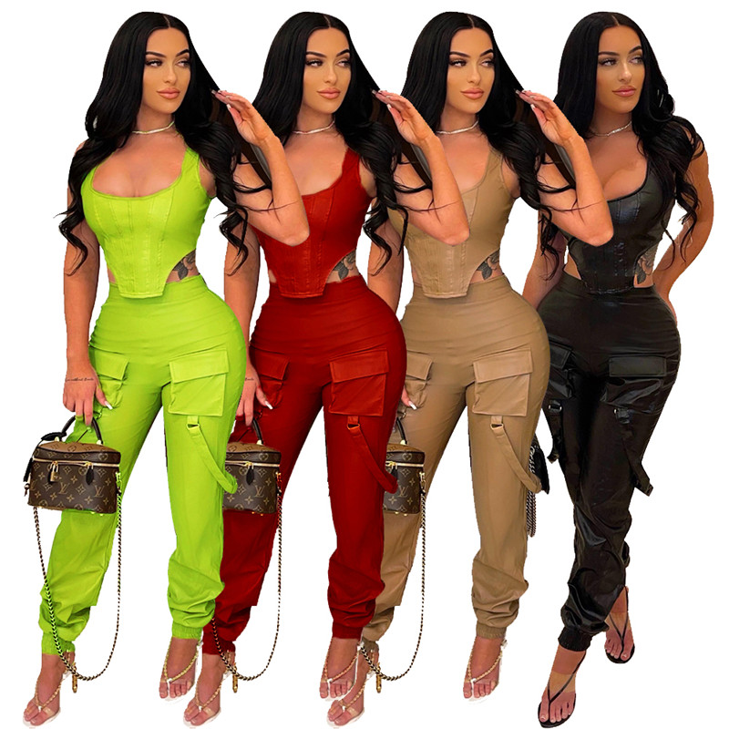 Wholesale High Stretchy Women Tracksuits PU Two 2 Piece Set Beautiful Sleeveless Tank Top Vest Sweatpants Matching Set Fashion Leather Outfits Summer 