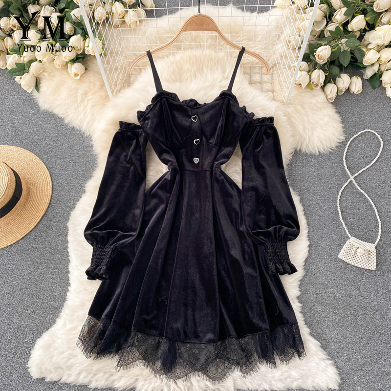 YuooMuoo ins Fashion Women Princess Black Mini Dress Off Shoulders High Waist Lace Patchwork Gothic Korean Party Vestidos 220420 
YuooMuoo ins Fashion Women Princess Black Mini Dress Off Shoulders High Waist Lace Patchwork Gothic Korean Party Vestidos 220420