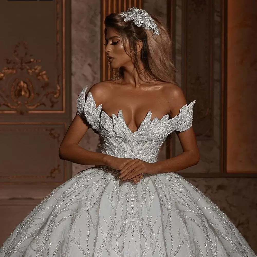 Glitter Off Shoulder Ball Gown Wedding Dresses Sparkly Backless Bridal Gowns With Long Train Vestidos De Novia Robe Mariee 0219