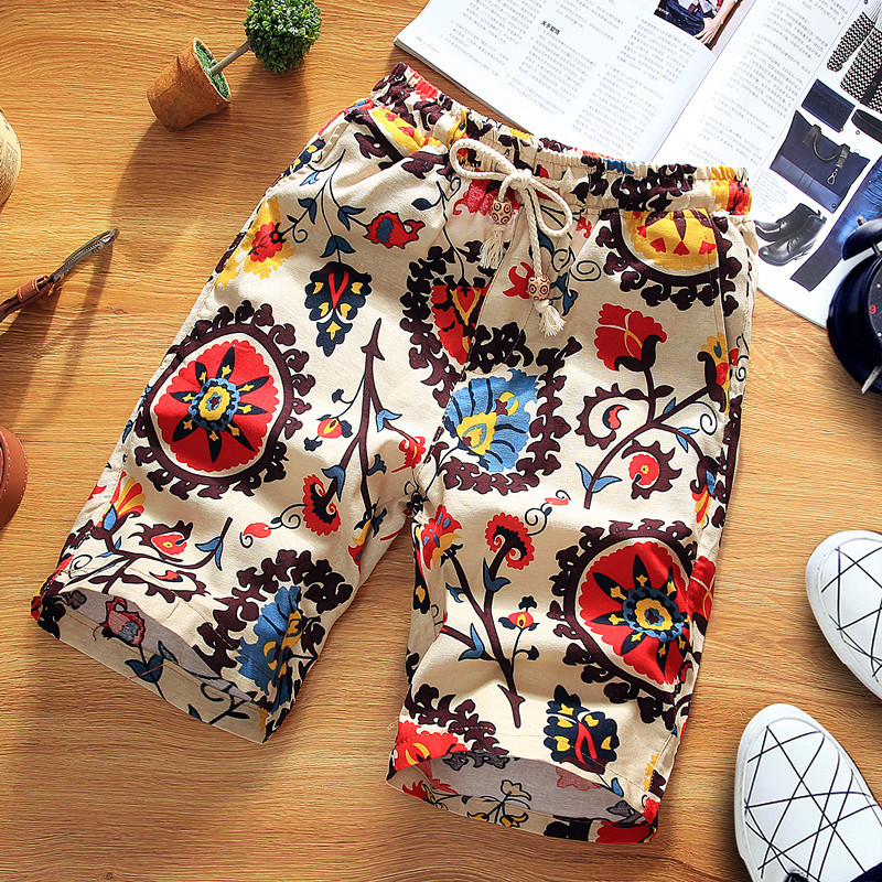 Summer Boutique Flower Cotton Linen Mens Casual Beach Shorts Mens Comfortable Breathable Leisure Shorts Male 220602