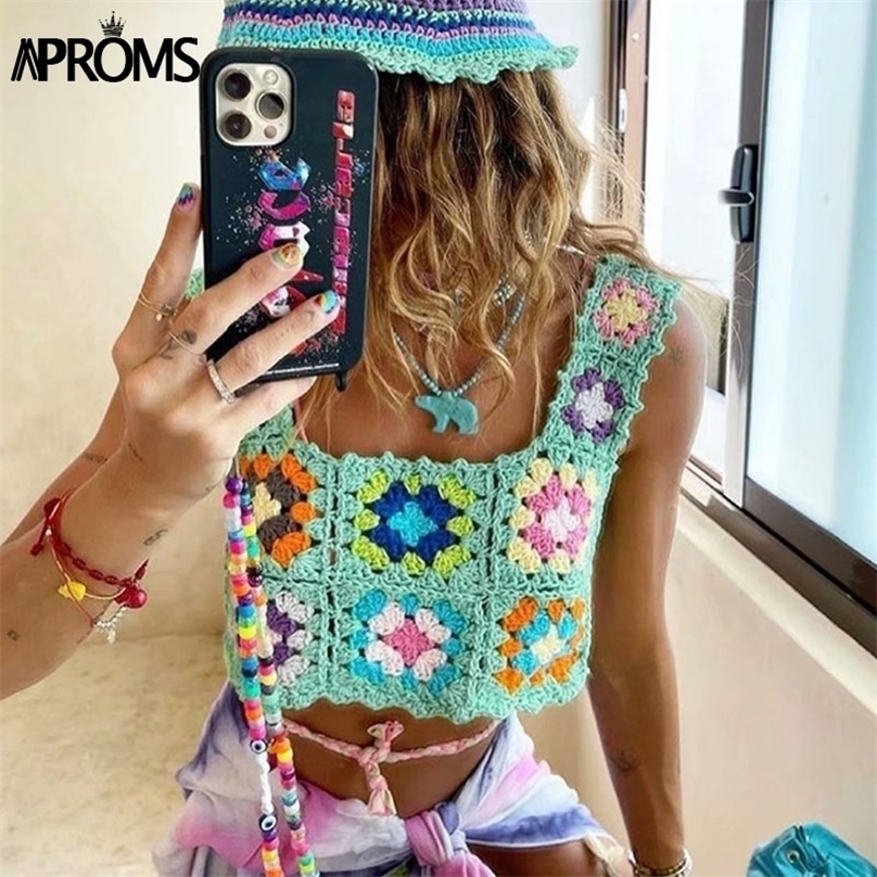 Aproms Elegant Multi Color Handmade Crochet Tank Tops Women Summer Casual Square Neck Flower Camis High Fashion Cropped Top 220325