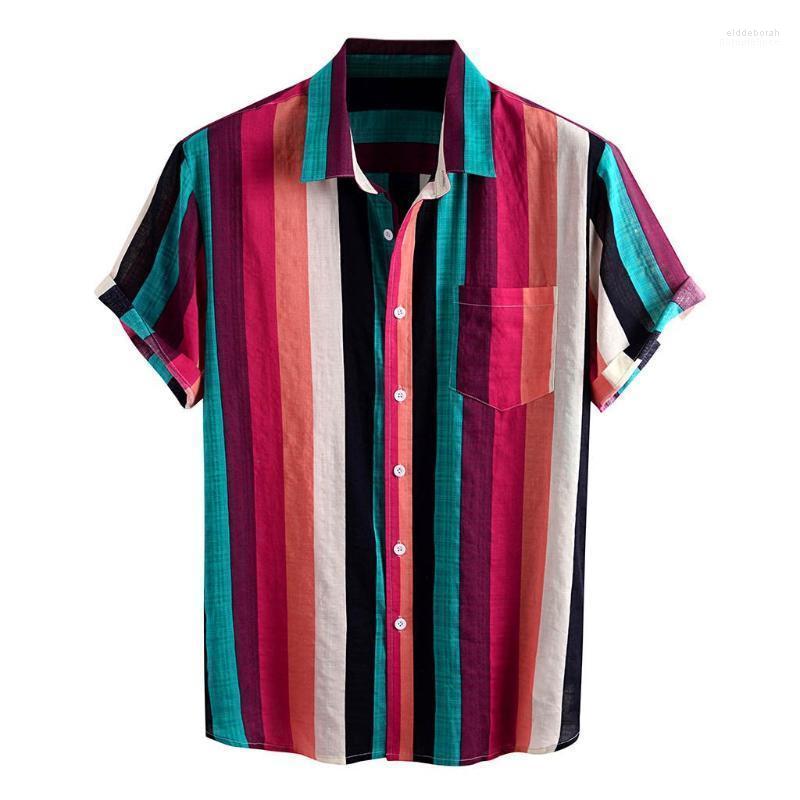

Men's Casual Shirts Colorful Striped Print Men Shirt Short Sleeve Turn-down Collar Hawaiian Cardigans Blouses Vintage Camisas Eldd22, Yellow