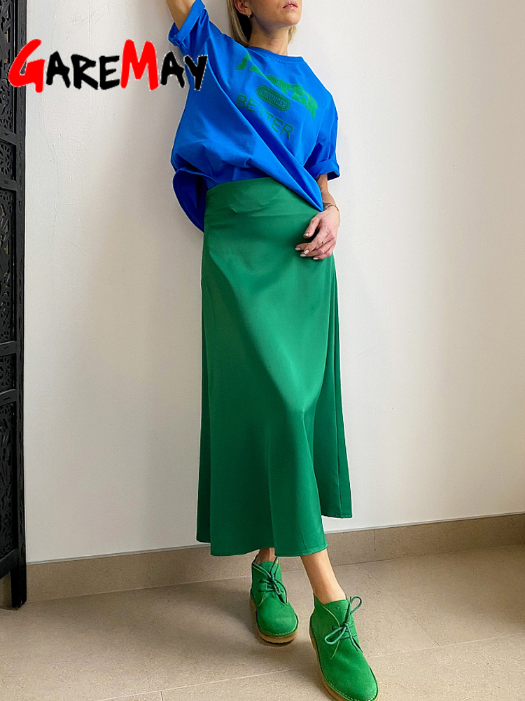 Women's Long Satin Skirt Midi Elegant High Waist Green Autumn Office A-line Solid Vintage Silk Purple for Women 220317