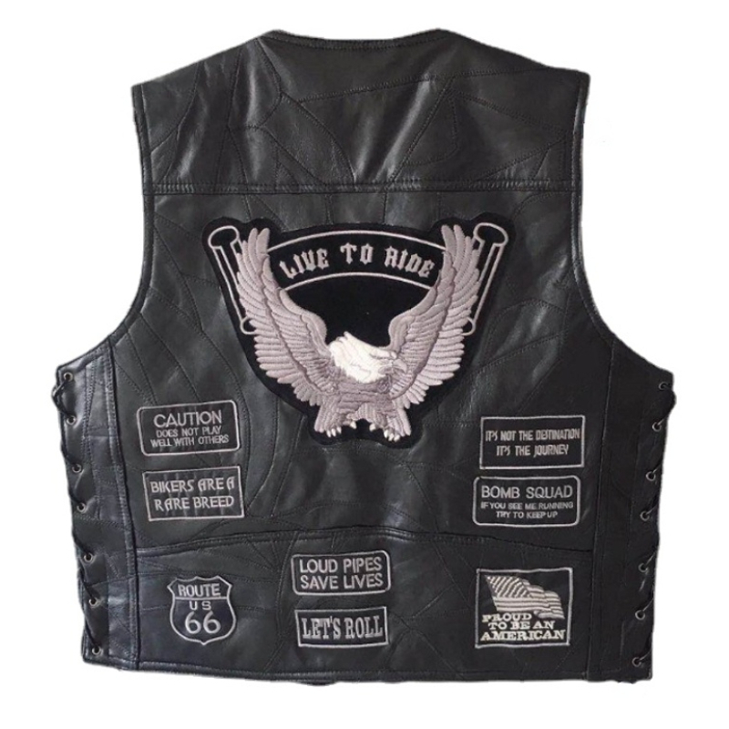 Four Seasons Sleeveless Jacket Leather Men Motorcycle Vest Embroidery Sheepskin Splicing Biker Waistcoat Male Classic Retro 220727