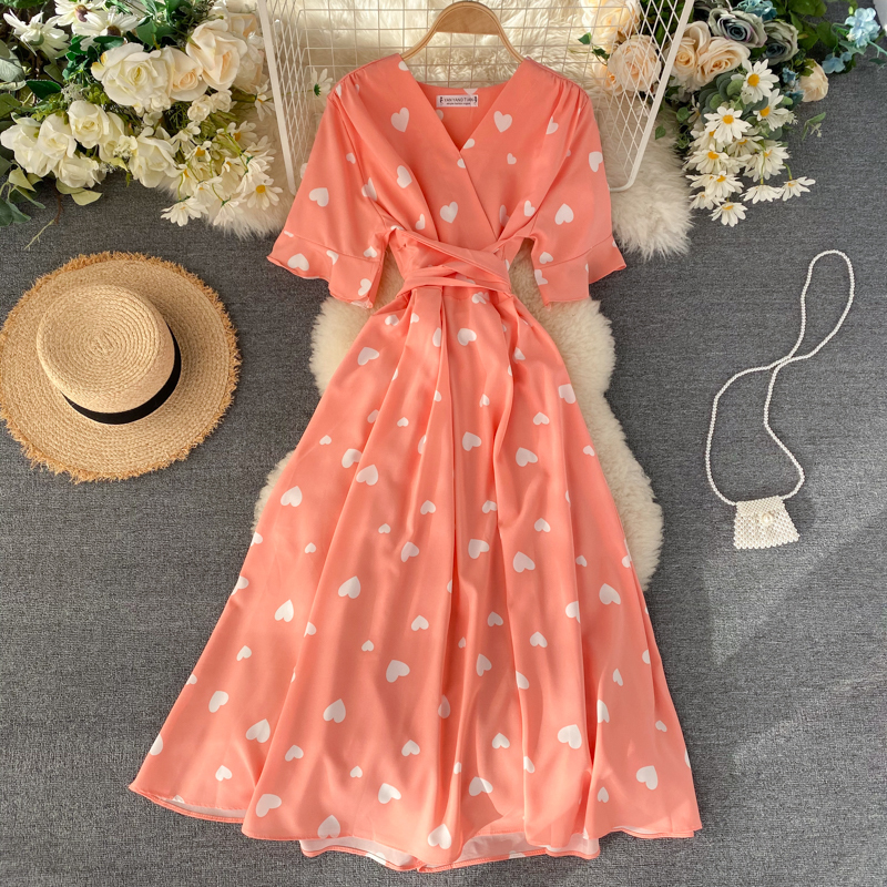Slim Vintage Love Heart Print V Neck Bandage Dress Summer Midi Long Party Women High Waist Vestido De Festa Elegant 220613