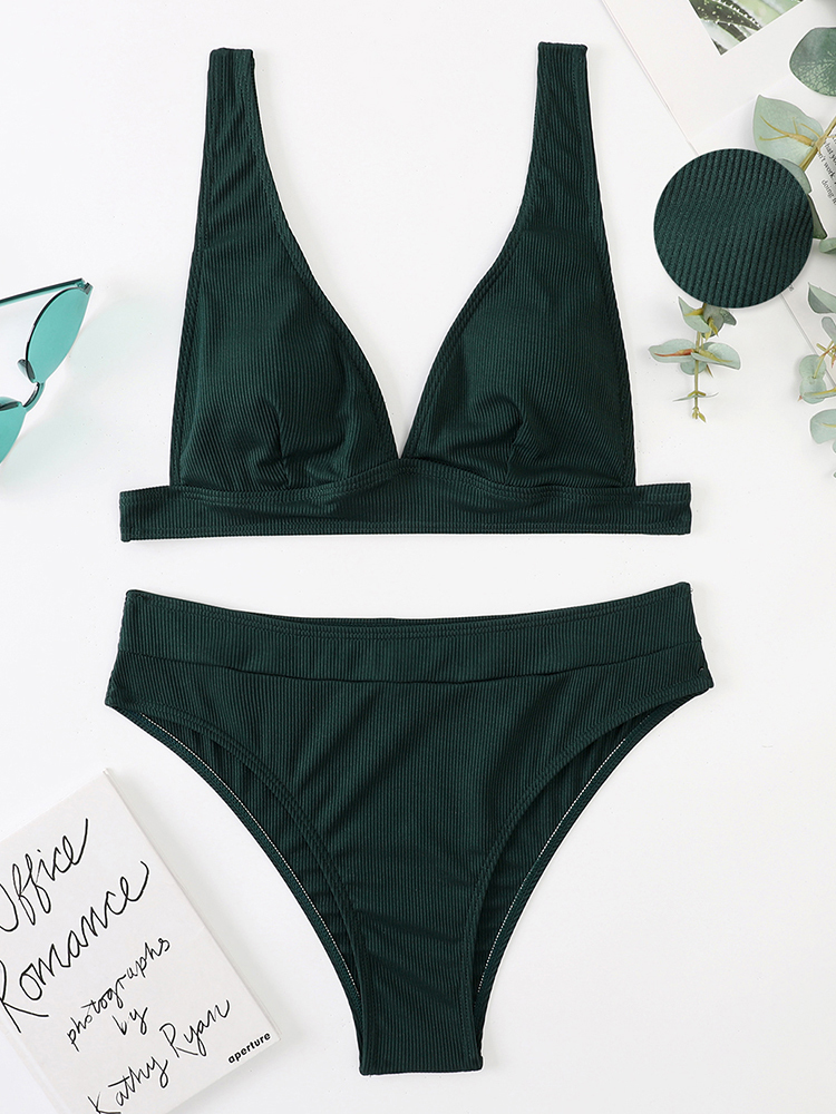 INGAGA Ribbed Bikini Women Swimsuit Waist Swimwear Sexy Vneck Biquini Set Solid Bathing Suits High Cut Beachwear 220620