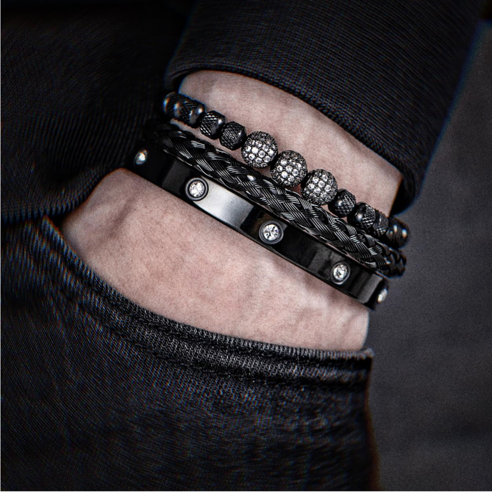 3pcs Luxury Micro Pave CZ Round Beads Royal Charm Men Link Bracelets Stainless Steel Crystals Bangles Couple Handmade Jewelry Gift