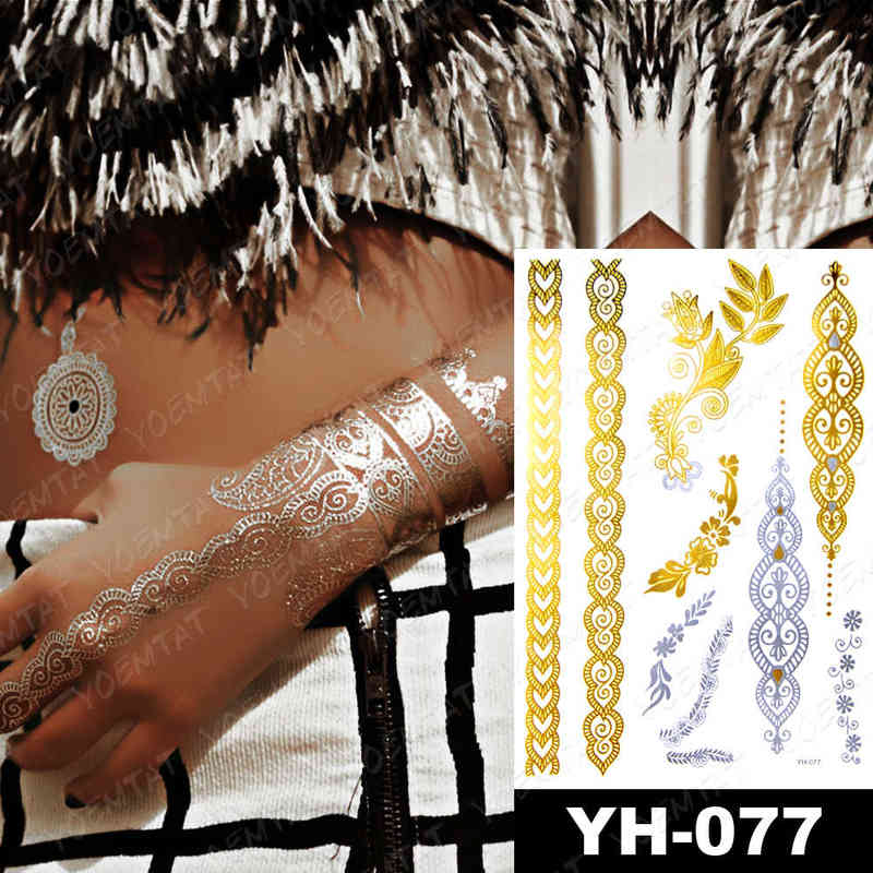 NXY Temporary Tattoo Waterproof Sticker Flowers Mandala Henna Gold Silver Metallic Flash Tatoo Boho Lotus Jewelry Glitter Body Art 0330