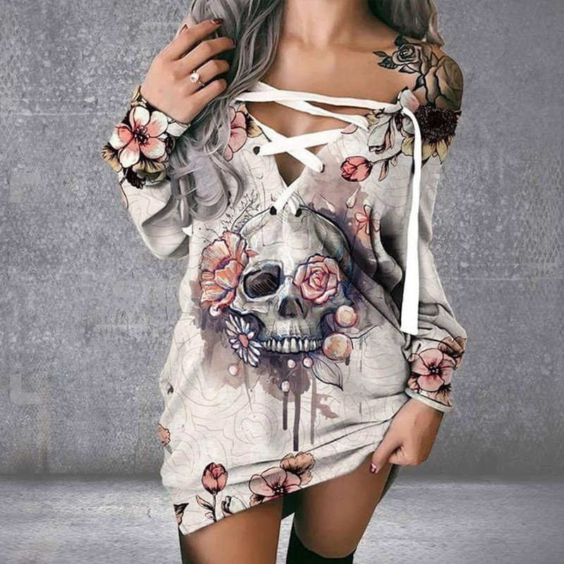 Vintage Skull Rose Print Dress Vestidos Autumn Winter Long Sleeve Lace Up Gothic Robes Femme Grunge Sweatshirt es 220613