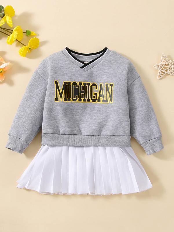 Baby Letter Graphic Colorblock Pleated Hem Sweatshirt Dress SHE