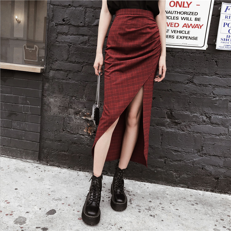 Leixin original dark hard girl cool and handsome Red Plaid split high waist long skirt shows thin autumn 220322