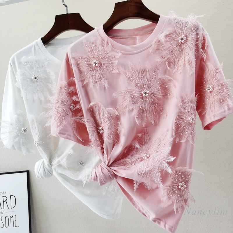 Women's T-Shirt Women's T-Shirts Lace Flower Beaded Round Neck Loose Short Sleeve Tee Shirt Girls Ladies Fashion Tops Camisetas De Mujer, Pink
Women's T-Shirt Women's T-Shirts Lace Flower Beaded Round Neck Loose Short Sleeve Tee Shirt Girls Ladies Fashion Tops Camisetas De Mujer, Pink
