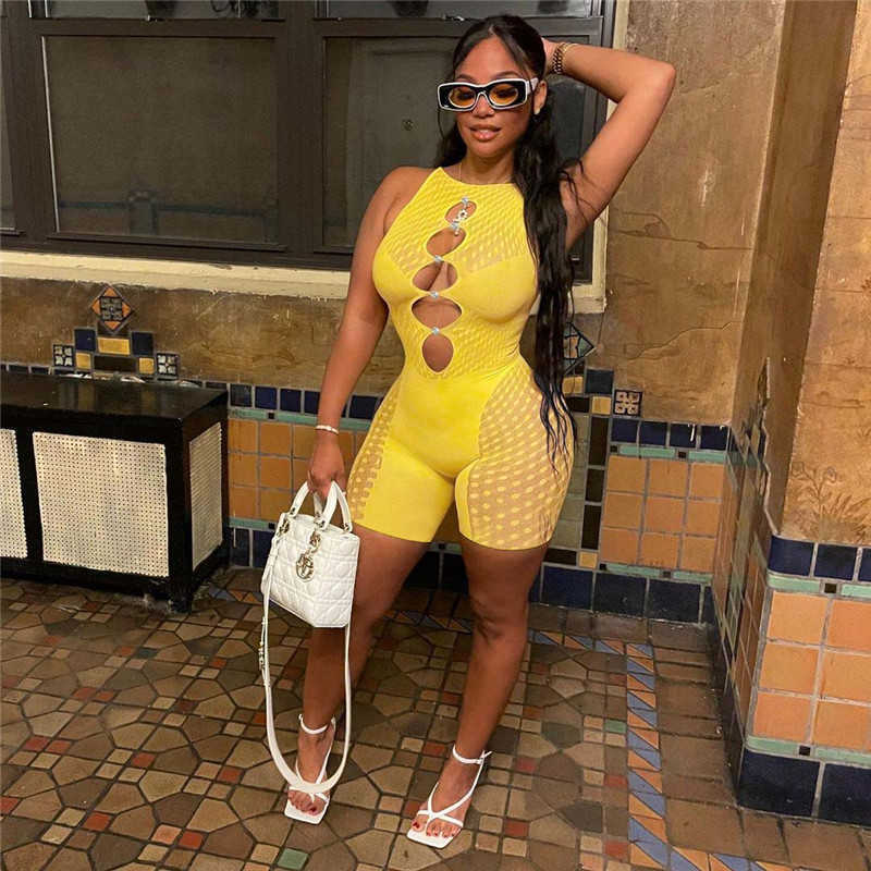 Sexy Mesh Hollow Out halter Jumpsuits Women Summer Ripped Nightclub One Piece Playsuits Clubwear Rompers