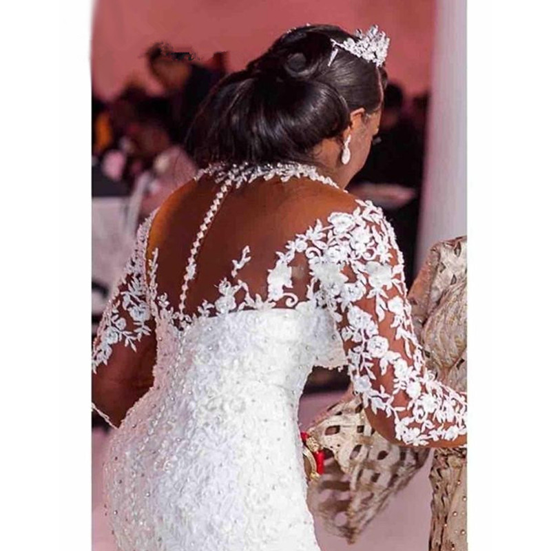 Cystal Beading Long sleeves Vintage Lace Mermaid Wedding Dress High Neck Appliques Plus Size Africa Wedding Dresses