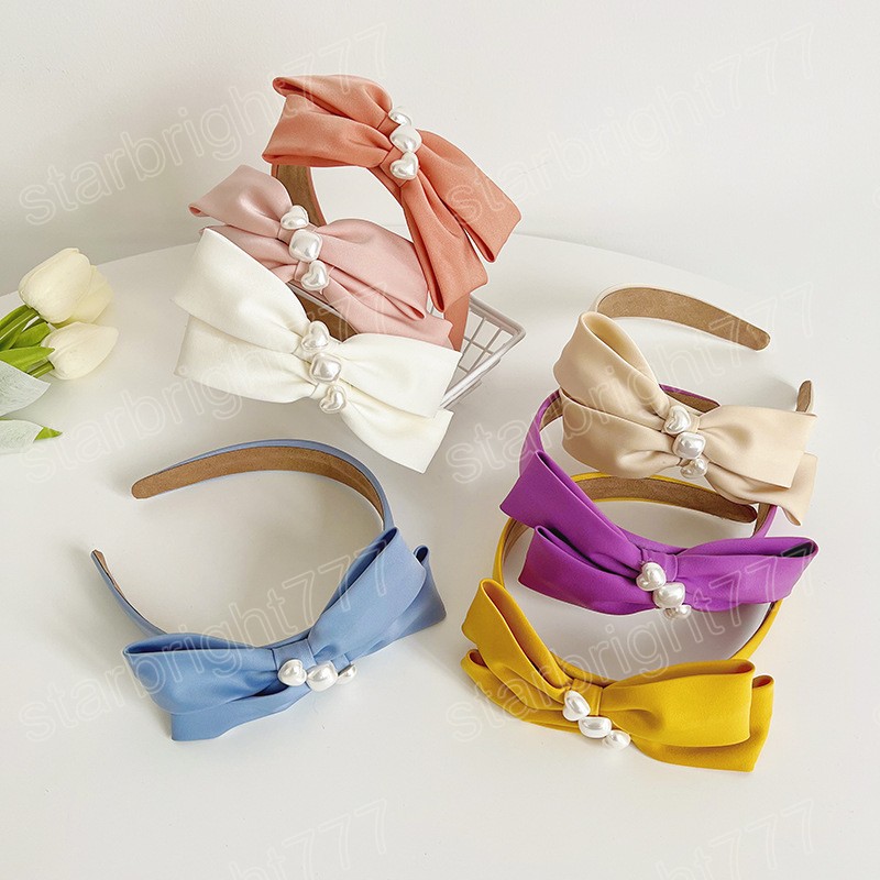 Satin Bow Heart Pearl Hairbands Headbands Ornament Women Candy Color Hair Hoop Hair Accessories Wholesale