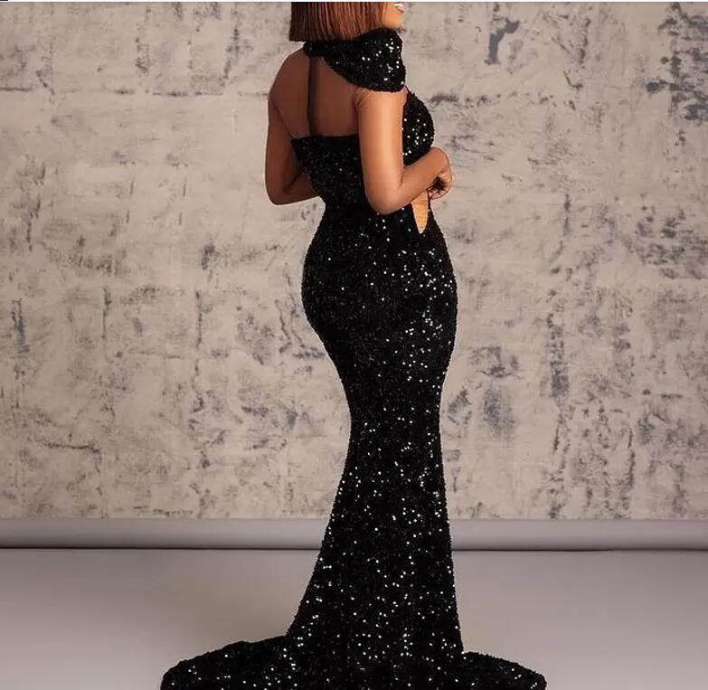 African Gold Sequin Prom Dresses 2022 Plus Size Mermaid Floor Length Evening Dress Illusion Long Sleeve Formal Party Gowns O Neck Black Girls Aso Ebi 
