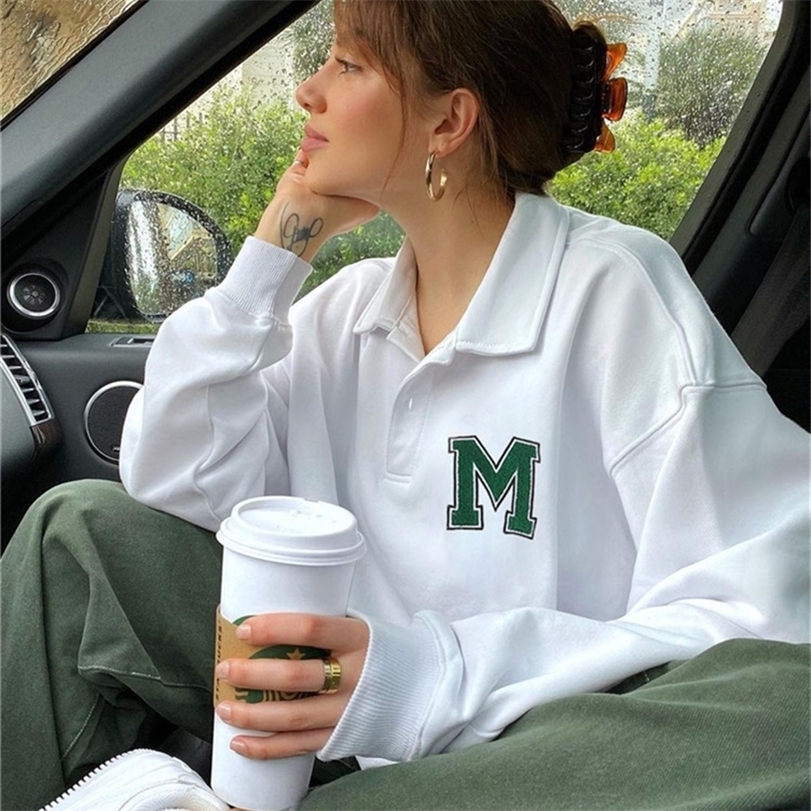 

Harajuku White Oversized Sweatshirt Women Korean Fashion Button Turndown Collar Pullovers Loose Cute Top Clothes Iamty 220812