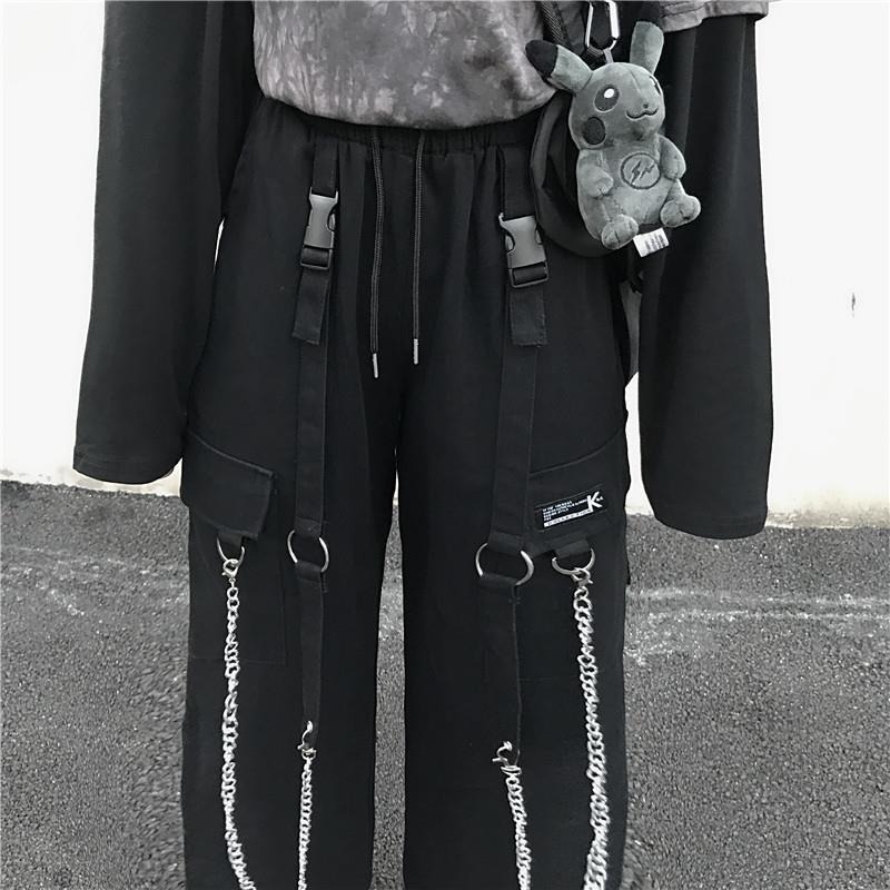 QWEEK Gothic Harajuku Cargo Pant Punk Chain Wide Leg Trousers Female Korean Style Oversized Streetwear Techwear Emo 220325