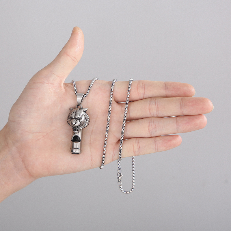 Cool Whistle Pendant Necklace Biker Lion Charm Pendants Stainless Steel Rolo Chain 24 Inch for Mens Gifts