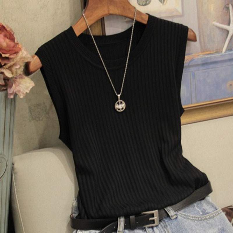 Fashion Ice Silk Knitted Vest Gym Tank Top Women Round Neck Thin Sleeveless Shirt Summer wide shoulder Loose Blusas 4588 50 220325