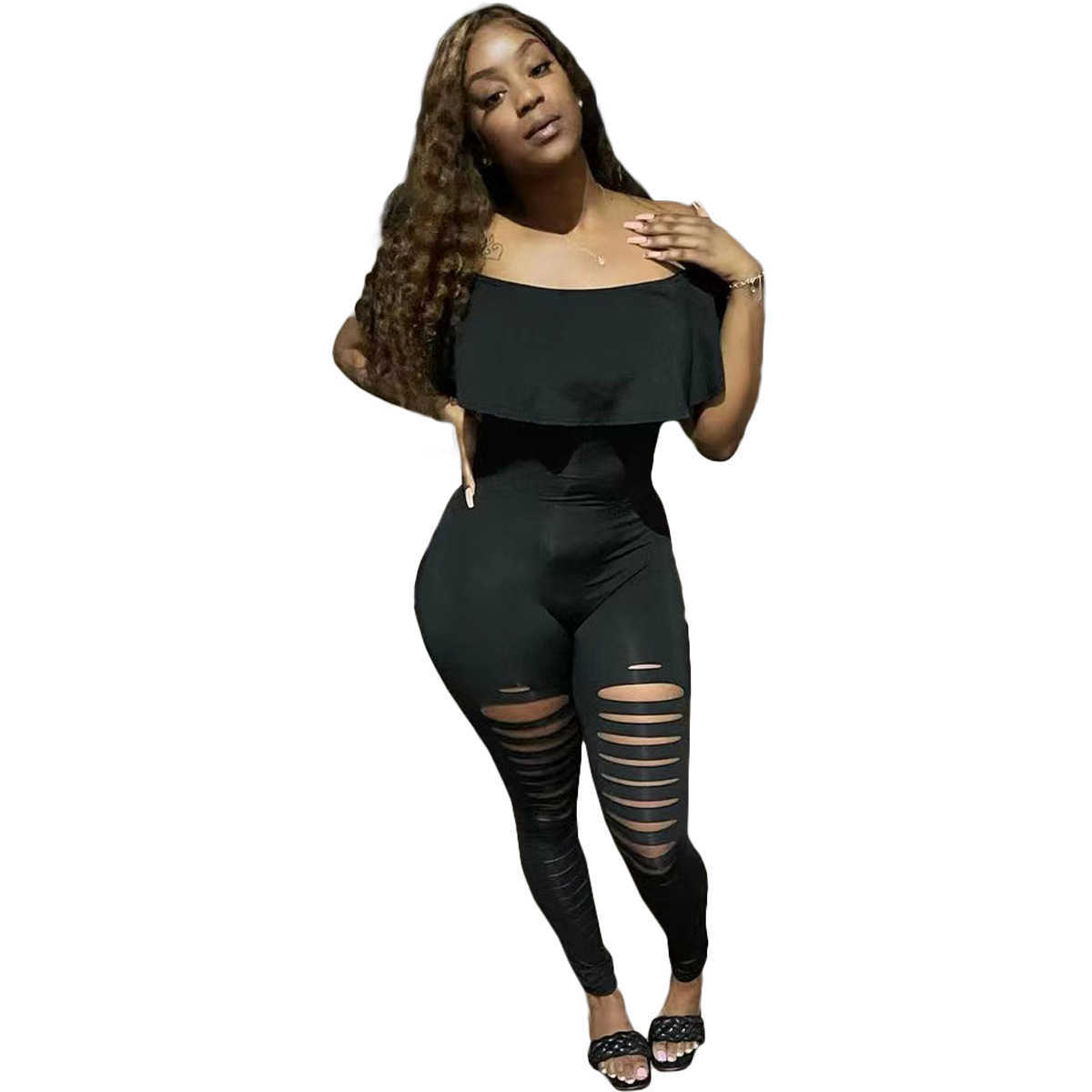 Designer Women Clothes 2023 off shoulder lotus leaf burnt flower hole slim fit one-piece pants Fashion Recommend