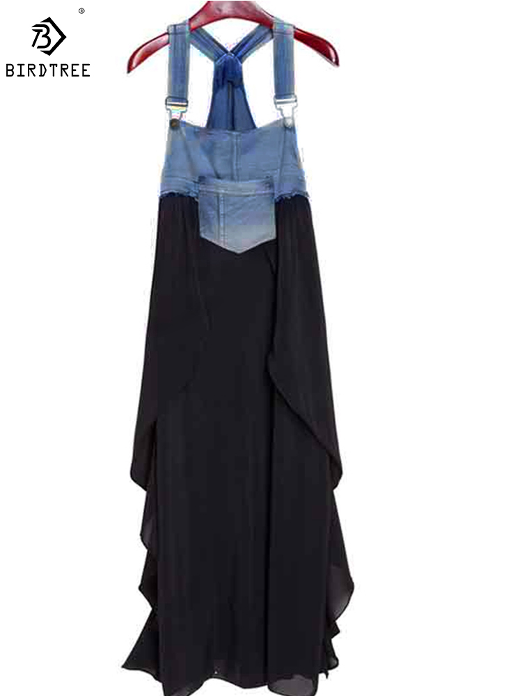 Summer Women Plus Size Square Collar Elegant Pocket Patchwork Strap Loose Casual Chiffon Jeans Black Dresses D93227X 220510