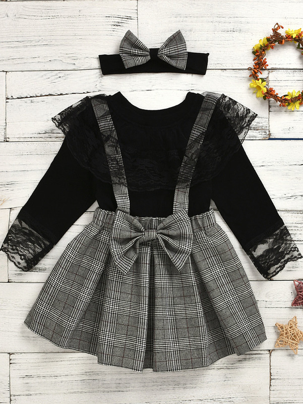 Toddler Girls Lace Panel Tee & Plaid Skirt & Headband SHE