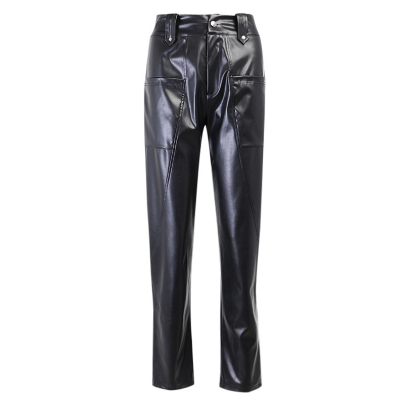 Beyouare Faux Leather Trousers Vintage Casual PU Women High Waist Big Pockets Straight Pant Autumn Elegant Lady s 220325