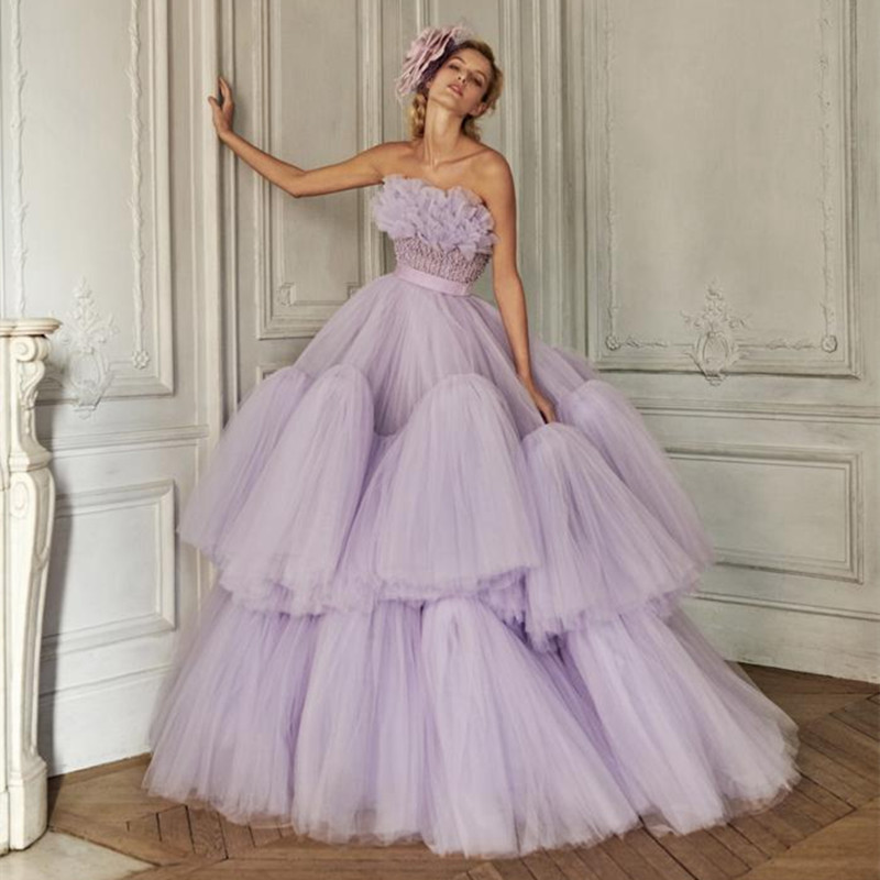 Ball Gown Light Purple Evening Dresses Bateau Strapless Sleeveless Floor Length Train Lace Ruffles Beaded Appliques Sequins Beads Prom Dress Vestidos 