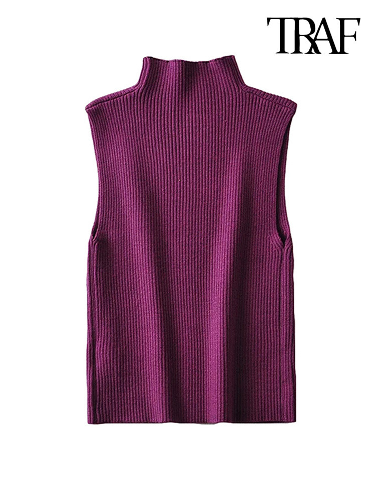 TRAF Women Fashion Fitted Basic Ribbed Knit Tank Tops Vintage High Neck Sleeveless Female Camis Chic Vest Top Mujer 220325