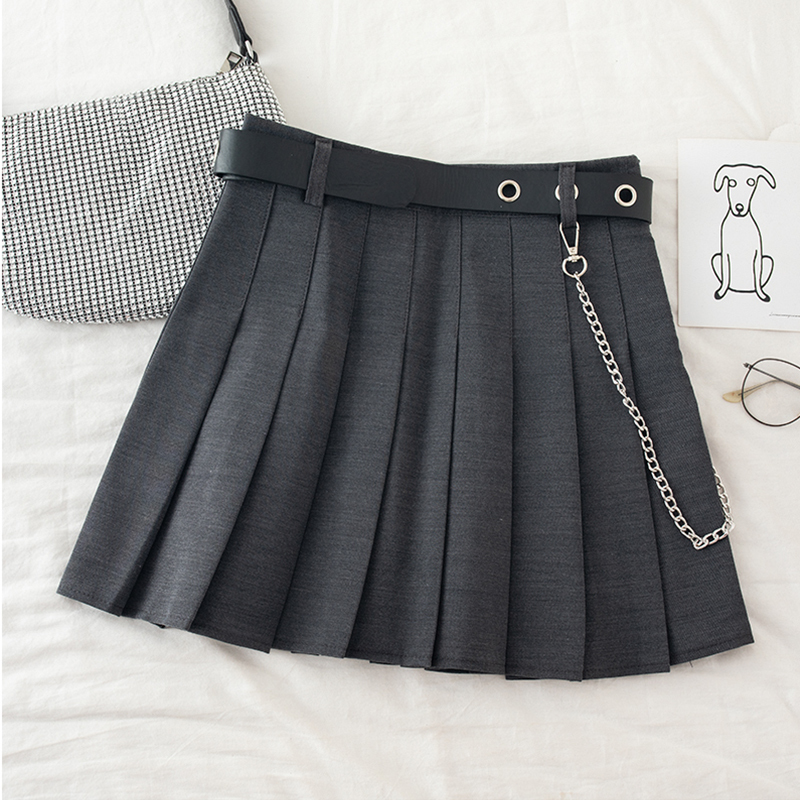Black Pleated Skirt With Chain-Belt Punk Rock Girl Cheerleading Belted Mini Alt Women e-girl Outfit 220317