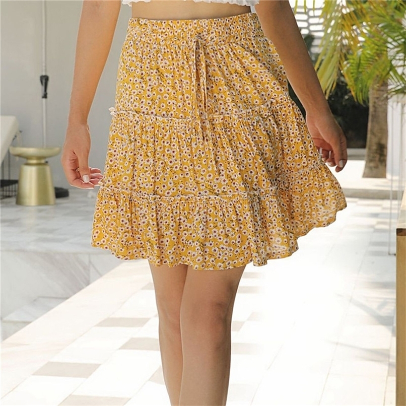Summer Mini Skirt Floral Print Sexy Boho Short Skirt For Women Fashion Ladies High Waist Frills Beach Pleated Skirts 220611