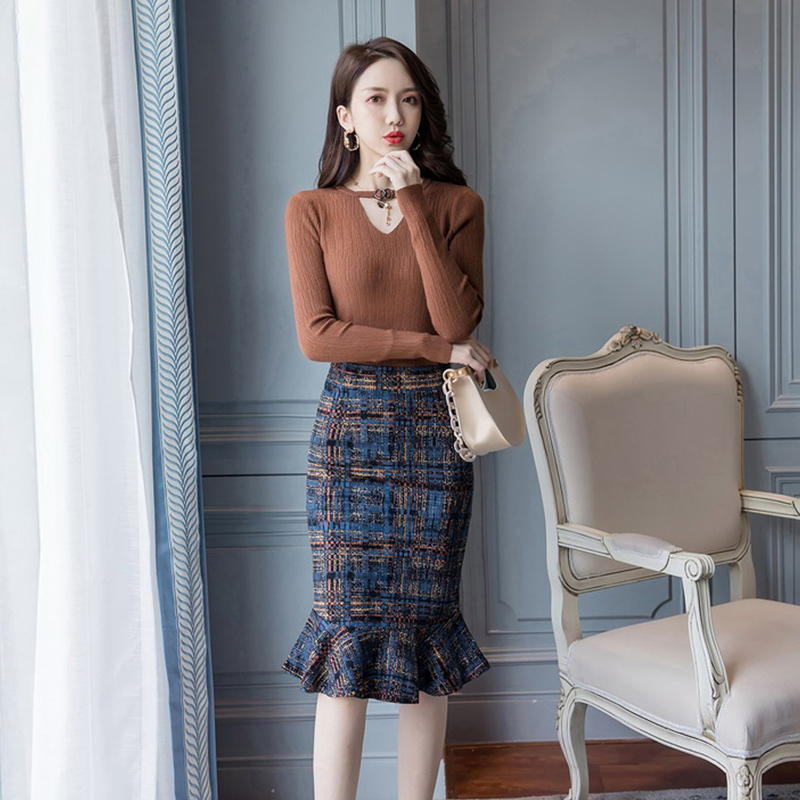 Vintage Korean Fashion Women Mermaid Skirts Elegant Japanese Office Lady High Waist Stretch Plaid Package Hip Jupe Femme 220317