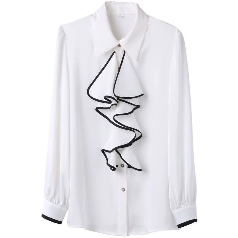 Women's Shirt Ruffles Wave Cut Blouses Spring Autumn Elegant Fashion Office Lady Shirts Long Sleeve Lapel Tops Ladies 220407