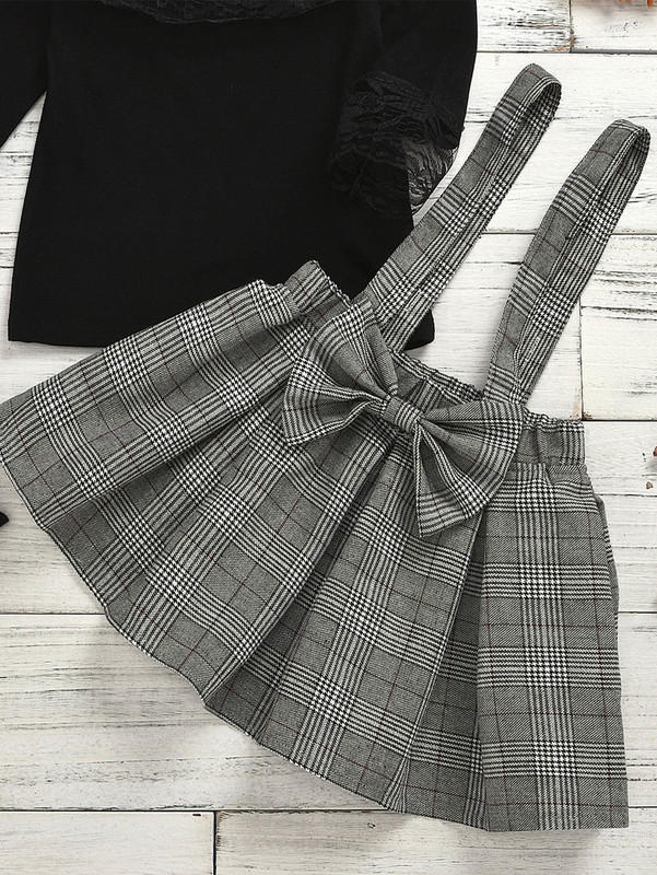 Toddler Girls Lace Panel Tee & Plaid Skirt & Headband SHE