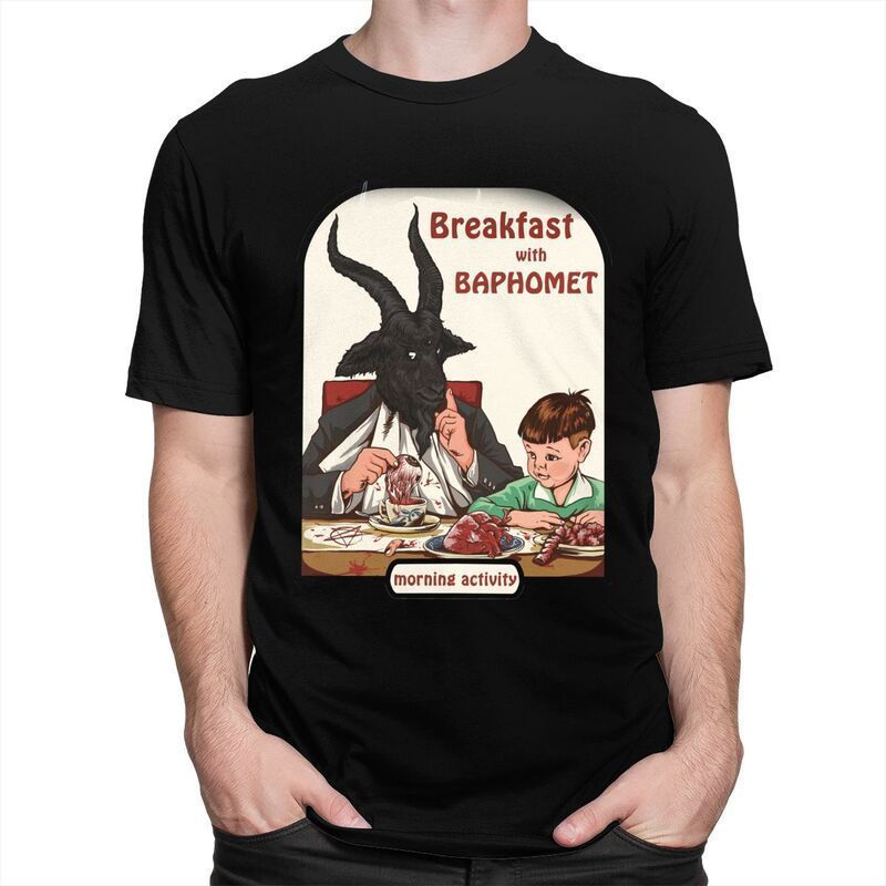 Classic Breakfast With Baphomet T Shirt Men Short Sleeve Cotton T Shirt Leisure Devil Satan Demon Goat Tee Top Streetwear Tshirt 220620