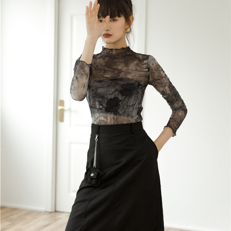 CHEERART Tulle Transparent Top Long Sleeve T Shirt Women Abstraction Print See Through Ladies Top Women Clothing 220527