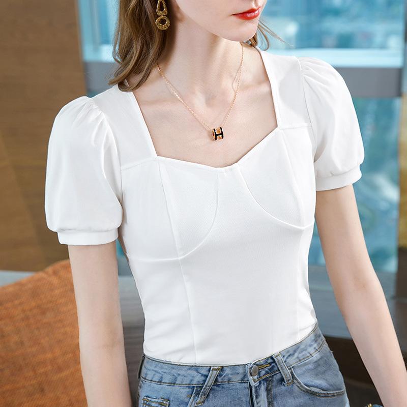Women' T-Shirt French Short Sleeve Women Summer 2022 Sexy Clavicle Square Neck Cotton Puff Waist Top, White
Women' T-Shirt French Short Sleeve Women Summer 2022 Sexy Clavicle Square Neck Cotton Puff Waist Top, White